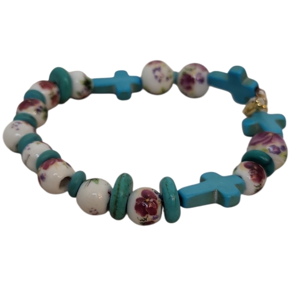 Turquoise Heishi & Cross Bead Bracelet Peony Ceramic Copper Wire Bracelet